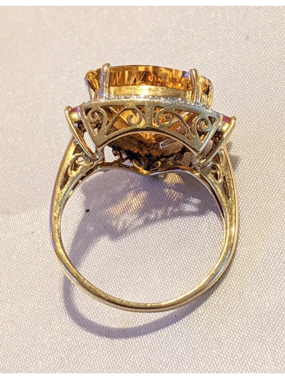 VTG Trillion Cut Citrine And Pink Tourmaline Fancy 10K Gold Cocktail Ring Size 8